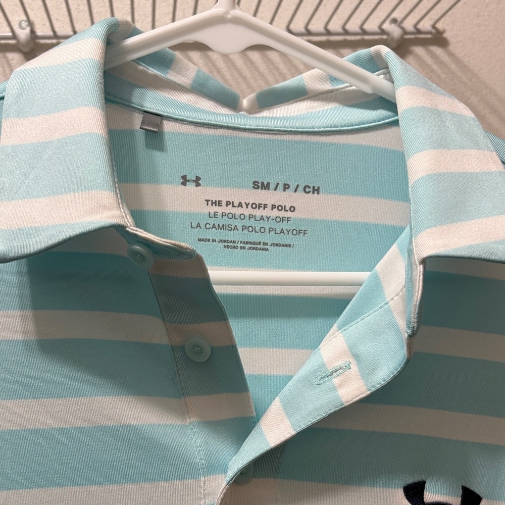 Under Armour Aqua and White Striped Polo - black logo - Picture 2 of 8